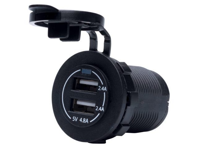 Waterdicht USB stopcontact 12-24V, snellader met 4,8A output, inclusief LED-indicator en afdekkap.