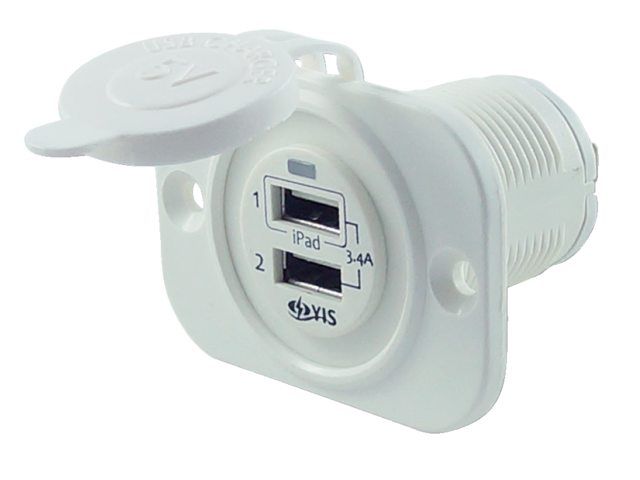 Waterdicht USB stopcontact 12-24V, snellader met 4,8A output, inclusief LED-indicator en afdekkap.