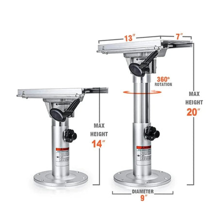 In hoogte verstelbare aluminium stoelpoot van 35 tot 50 cm met 360 graden draaibare slede en vergrendeling, grondplaat diameter 229 mm.