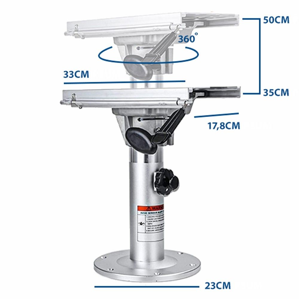 Verstelbare aluminium stoelpoot 35-50 cm met slede en draaifunctie voor bootstoelen.
